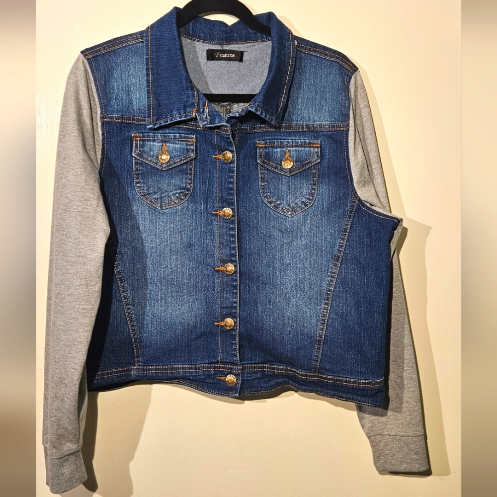 Finesse Women’s Denim Jacket with Gray Hoodie Sleeves Casual Streetwear 3X